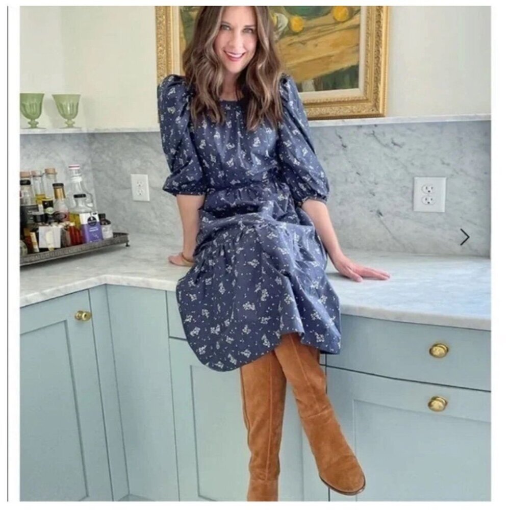 Summersalt‎ Tiered Cotton Prairie Midi Dress Midnight Floral Blue Sz XS